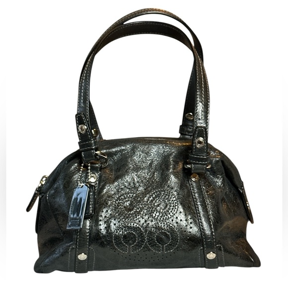 Coach Black Leather Handbag silver hardware perforated design incl. bill of sale - Picture 1 of 5